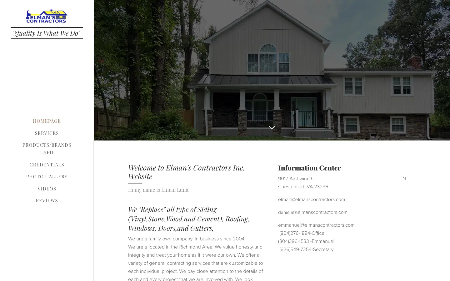 Elman's Contractors website before the redesign, as archived in 2022